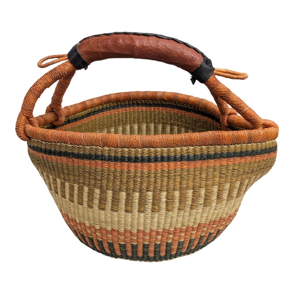 Bolga Market Basket Handwoven African Bolgatanga Leather Handle Earth Tones